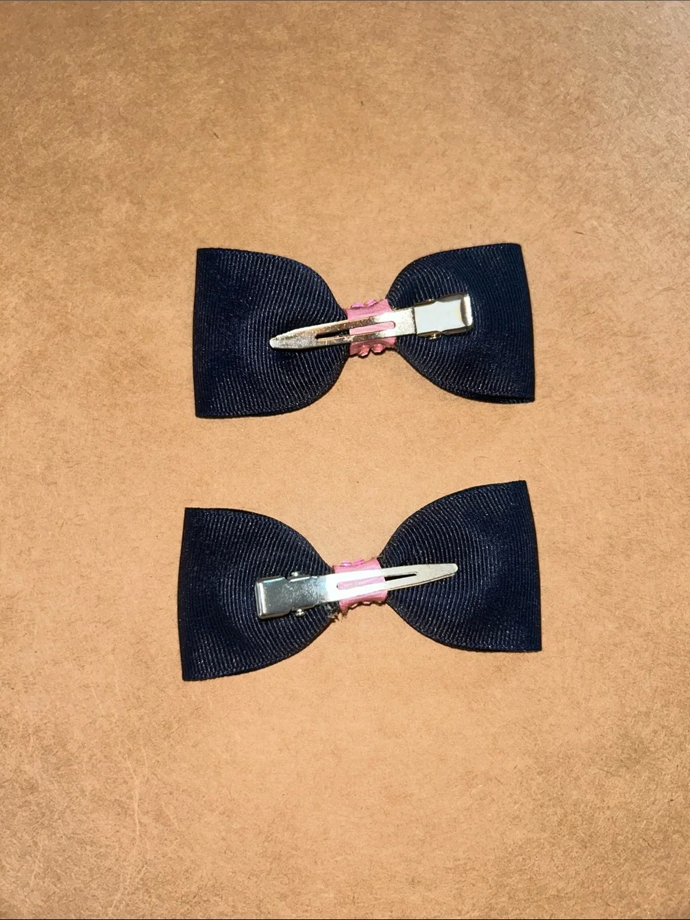 Navy Bow Hair Clips with Pink Rhinestone Center - Kids Accessories